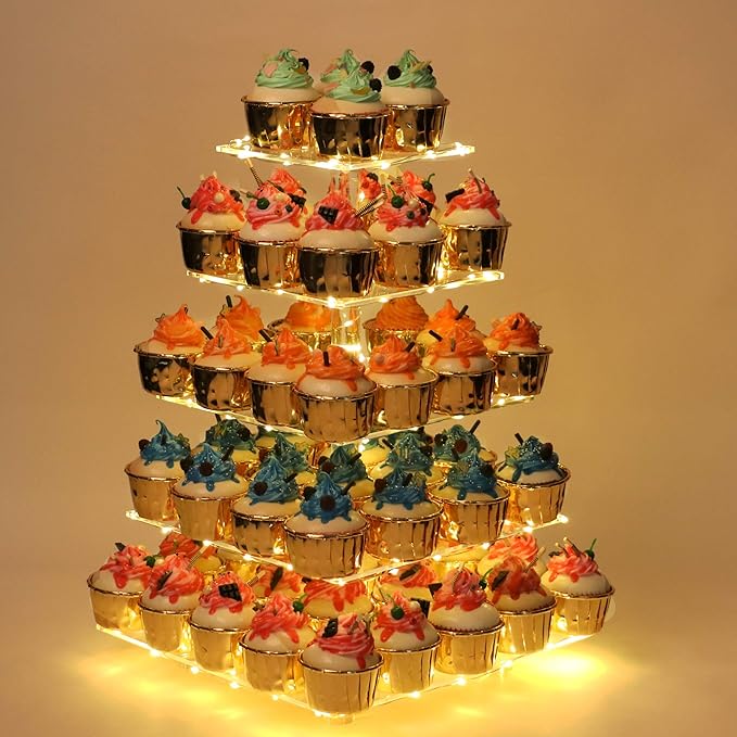 YestBuy Cupcake Stand - Premium Cupcake Holder - Acrylic Cupcake Tower Display - Cady Bar Party Décor - 5 Tier Acrylic Display for Pastry + LED Light String - Ideal for Weddings, Birthday Parties