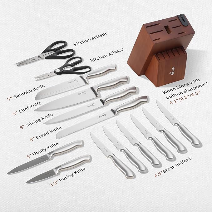 15Pcs Knife Set with Block, 50Cr15MoV High Carbon Stainless Steel Kitchen Knife Set, Sharp and Durable, Hundreds of Years of Masterful(Silver)