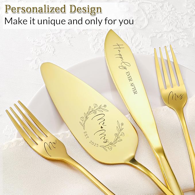 Wedding Cake Knife and Server Set, 4 Pack Stainless Steel Cake Cutting Knife, Slicer and Forks Server for Wedding, Anniversary, Birthday, Baby Shower(Gold)