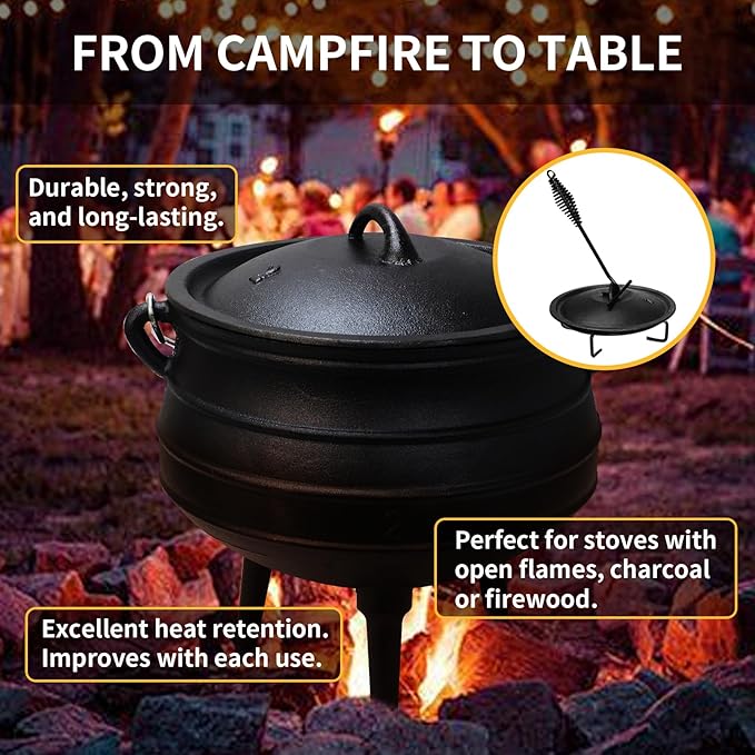 Mabeeze Cast Iron Potjie Cauldron, 6 Qt, 3-Legged Dutch Oven Pot with Lid - includes Lid Lifter and Holder - Pre-Seasoned - for Outdoor Cooking
