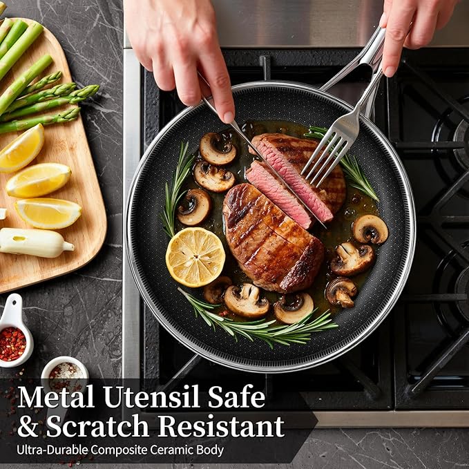 CADIVIZZO Non Stick Frying Pan 8 Inch Stainless Steel Ceramic Skillet,Nonstick Cooking Pan,PFAS PFOA PTFE Free&Non Toxic,Induction Compatible-Gas&Electric Stovetops,Oven&Dishwasher Safe