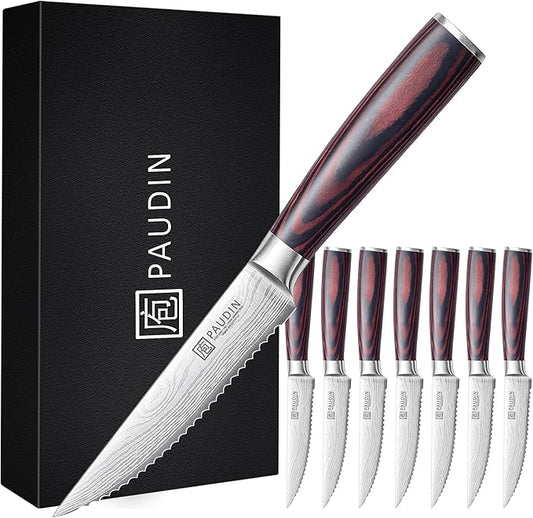 PAUDIN Steak Knives 4.5 Inch, Steak knives Set of 8, High Carbon Stainless Steel Steak Knife Set, Sharp Serrated Steak Knife with Pakkawood Handle, Kitchen Steak Knife Set with Gift Box