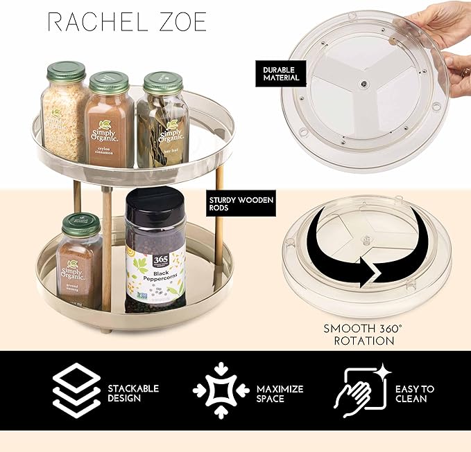 Rachel Zoe 2 Tier Lazy Susan Organizer, Wood Two Tier Lazy Susan Turntable, 360° Spin Tray Organizer, Pantry Spice Organizer for Kitchen, Rotating Bathroom Counter Organizer