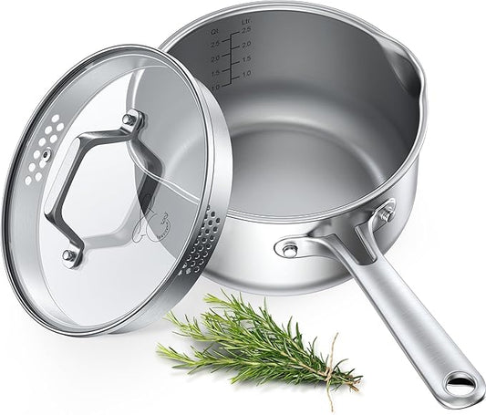 PekGema Stainless Steel Saucepan 3 Quart with Glass Strainer Lid, Thicken Tri-ply Full Sauce Pot, Two Side Spouts for Easy Pour, Dishwasher Safe, Induction Ready, Compatible with All Cooktops