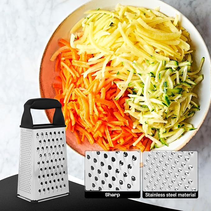 Professional Box Cheese Grater with Container & Handle – Durable Stainless Steel Cheese Shredder for Kitchen, Multi-Sided Food Chopper for Kitchen Use – Black