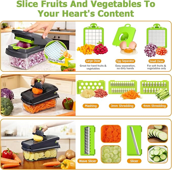 15 in 1 Manual Vegetable Chopper with Container, Veggie Slicer Dicer Set with 10 Sharp Blades, Heavy Duty Food Chopper for Meal Prep, Onion & Potato Cutter, No-Slip Base, Easy Clean Kitchen Gadget