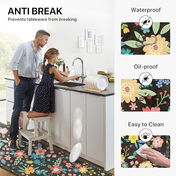 GENIMO Kitchen Mats for Floor, Cushioned Kitchen Rugs Non Slip Washable, Farmhouse Anti Fatigue Mat Waterproof, Comfort Standing Mat Rug for Office, Home, Sink, Laundry, Garage, 17.3"x70", Black