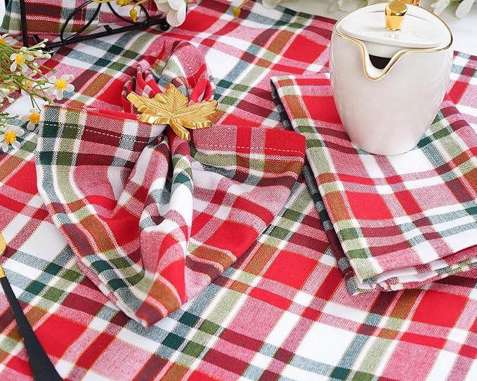 Blue Needles Gingham Buffalo Plaid Cloth Napkins 100% Cotton Set of 12 Dinner Table Napkins 18x18 inch Soft, Reusable, Washable Perfect for Valentine's Day Parties & Everyday Use - Gold, Red & Green