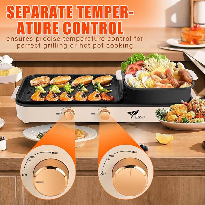2025 Electric Hot Pot with Grill,2-10 People Indoor Hot Pot 2 in 1 Multi-function Smokeless Shabu-Shabu Hotpot Korean BBQ Grill for Simmer,Separate Dual Temperature Contral