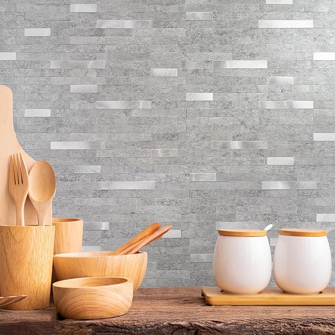 20 Sheets Peel and Stick Backsplash for Kitchen, Slate Gray with Metal Silver Look Stick on Tile Upgrade Your Kitchen Backsplash, RV, Fireplace