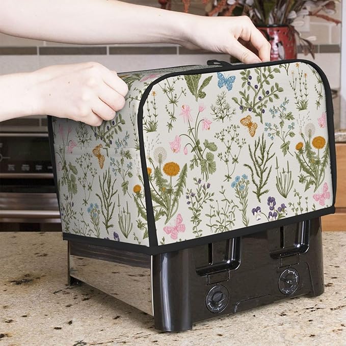 Vintage Flower Wild Herb Floral 2 Slice Toaster Cover, Waterproof Toaster Dust Cover Bread Maker Protective For Small Kitchen Appliance Dining Room Home Table Decor Gifts