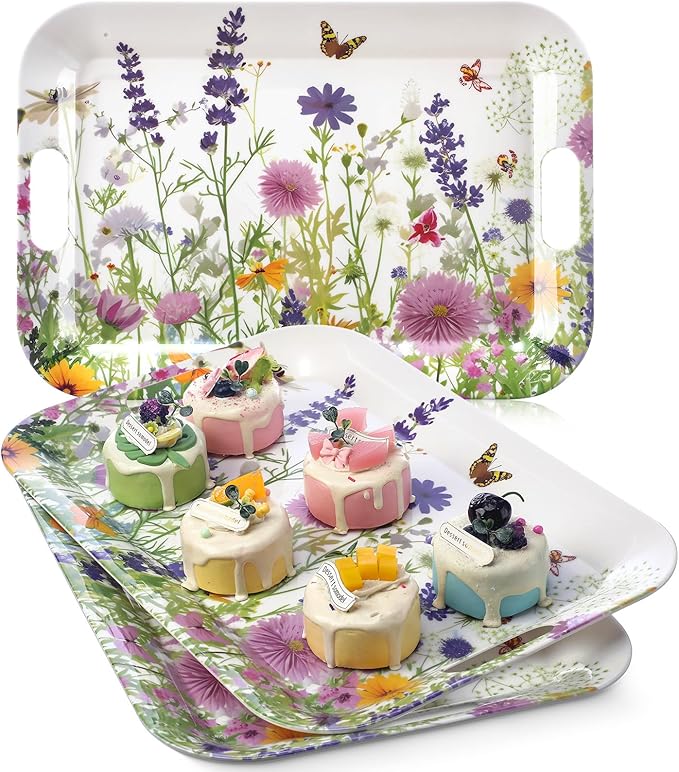 3 Pack Easter Serving Trays 16 x 11 Inch Wild Flowers Garden Easter Platters Rectangular Serving Dishes Decorative Trays for Spring Wedding Party