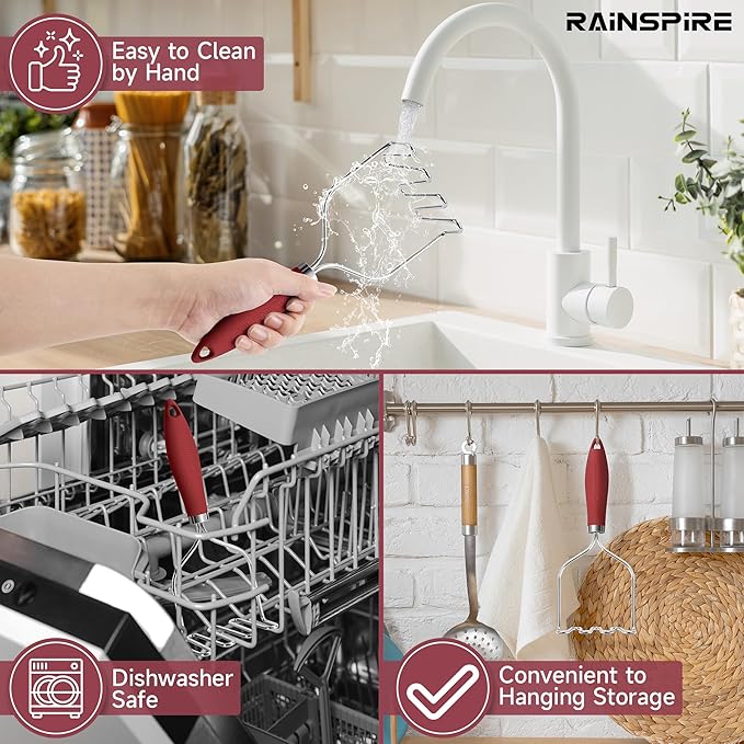Rainspire Potato Masher Stainless Steel, Mashed Potato Masher Kitchen Tool, Durable Mash Potatoes Masher, Soft Non-slip Handle, Kitchen Utensils, Kitchen Gadgets, Red