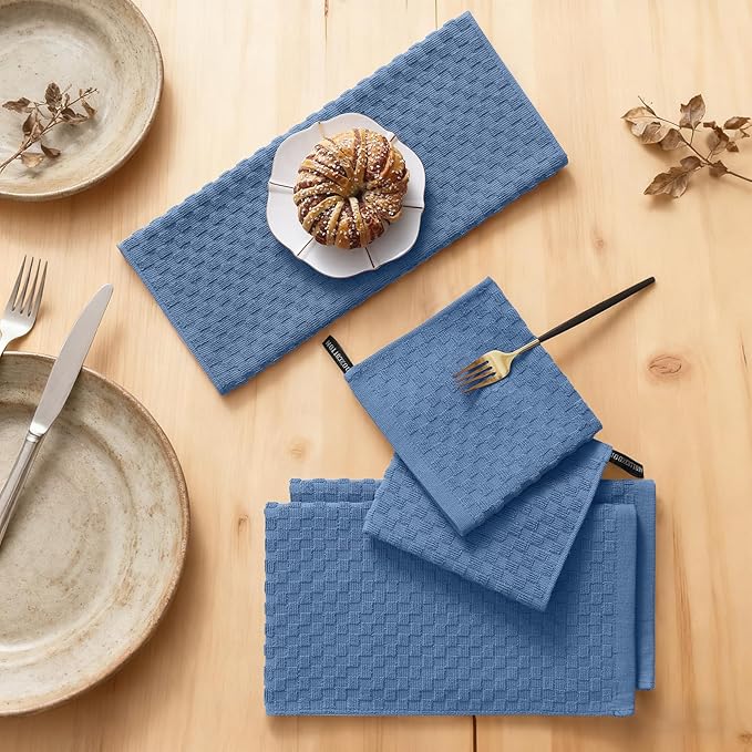 Homaxy 100% Cotton Kitchen Towels and Dishcloths Set, 12 x 12 & 15 x 25 Inches, Set of 8 Bulk Terry Cloth Dish Towels, Super Soft and Absorbent Hand Towel with Hanging Loop, Navy Blue
