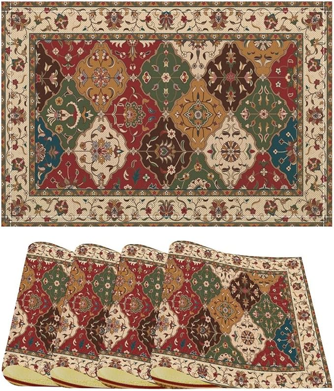 Boho Vintage Ethnic Placemats Set of 4 Rustic Farmhouse Retro Red Floral Art Printed Dining Table Mats for Restaurant Home Kitchen Holiday Picnic Party Decor 12x18in
