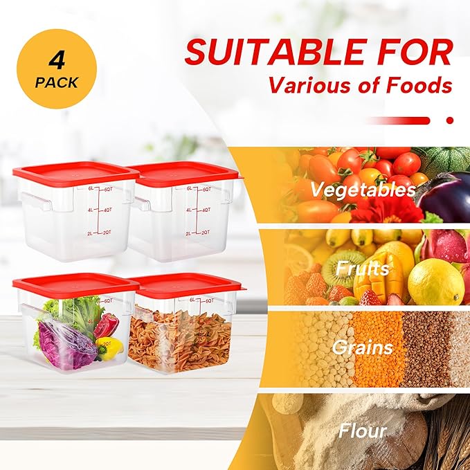 STEELUS 4 Pack Food Storage Containers, 6 Quart with Lids, Square Commercial Containers with Scale, Clear NSF Food Organizing, Polycarbonate