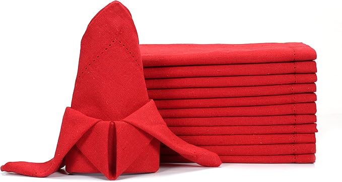 LFH Home Hemstitched Cloth Dinner Napkins 18x18 Inch Set of 12 - Reusable 100% Cotton Machine Washable Cocktail Napkins with Metered Corners for Daily, Party, Wedding, Bar Use - Red