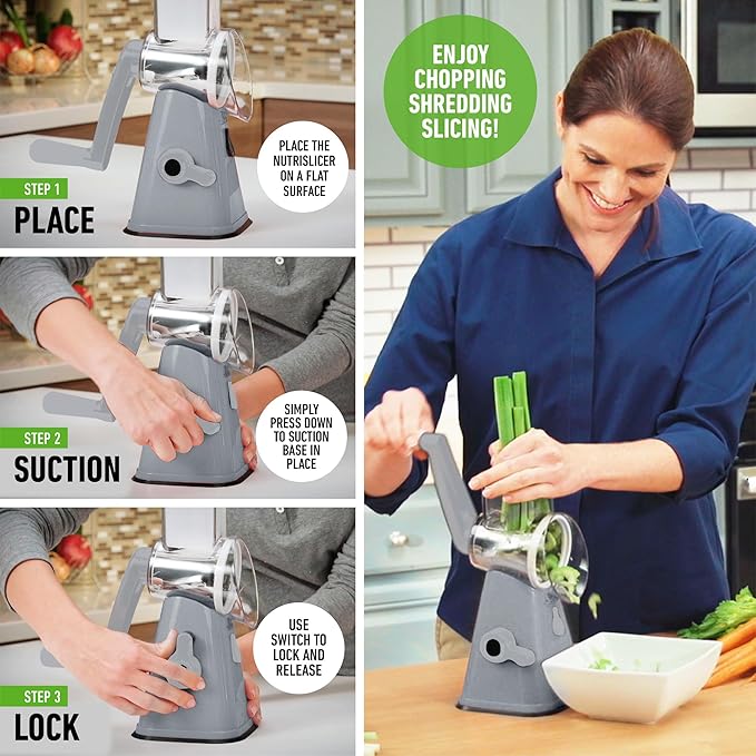 EMSON Rotary Cheese Grater Hand Crank, Stainless Steel Rotary Graters for Kitchen with 3 Blades, Vegetable Slicer, Cheese Shredder with Suction Cup Base, Dishwasher Safe - Gray