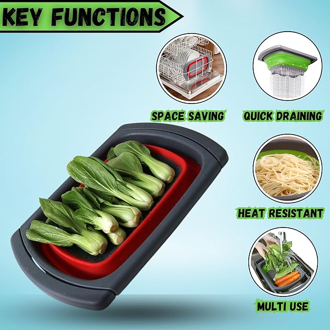 Collapsible Colander Set,Premium Food Grade Silicone Folding Strainers with Handles Space Saving Colanders for Draining Pasta,Vegetables & Fruits,Ideal for Kitchen & Travel (1pc(Red))