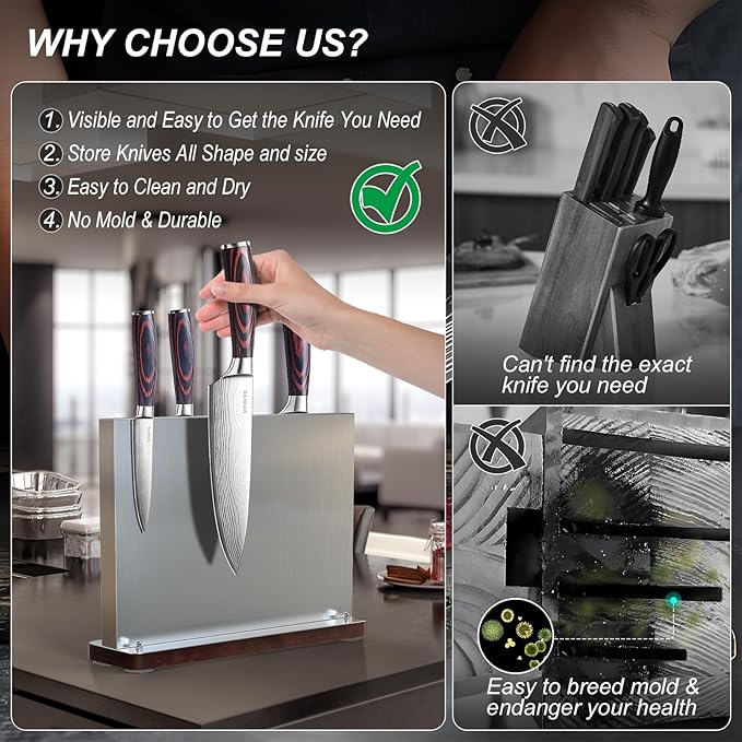 Kitchen Knife Set with Block - 6 Pcs Chef Knife Block Set, 5 Pcs High - Carbon Stainless Steel Razor - Sharp Knives with a Magnetic Knife Block Holder, Versatile and Professional Kitchen Knives Set