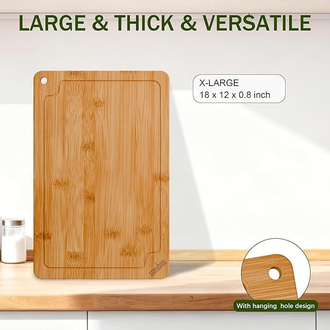 Bamboo Cutting Boards for Kitchen, Large Wood Cutting Board with Juice Grooves & Built-in Handles, Easy Storage & Clean Chopping Board for Meat, Vegetables, Fruit