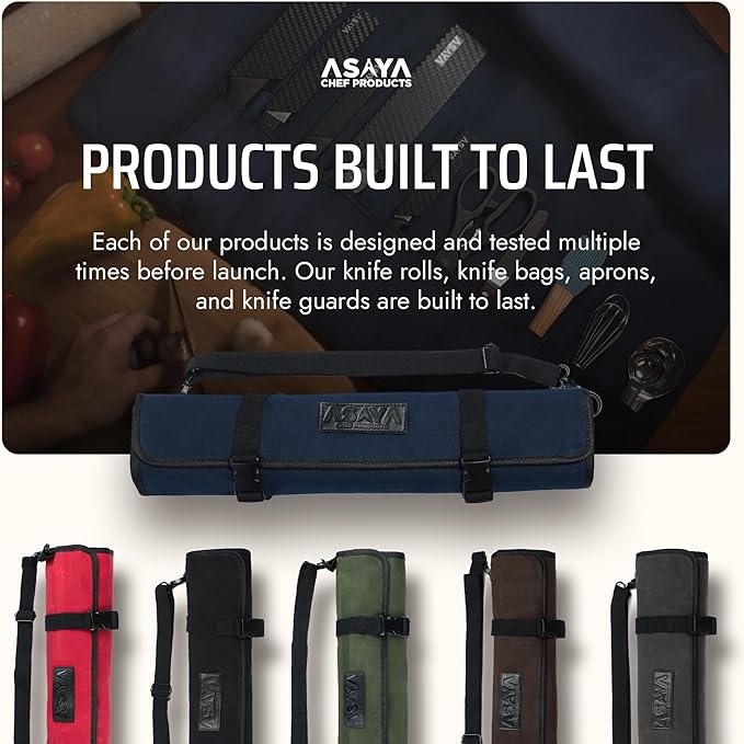 Asaya Canvas Chef Knife Roll Bag - 10 Knife Slots and a Large Zipper Pocket - Durable 10oz Canvas Knife Case with an Adjustable Shoulder Strap - Knives not Included