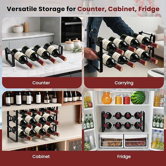 Small Wine Rack for 8 Bottles – Expandable & Stackable Metal Wine Rack for Cabinet, Countertop, Floor, or Small Spaces – Compact Wine Storage Shelf for Kitchen, Bar, or Pantry (2 Tier, Black)