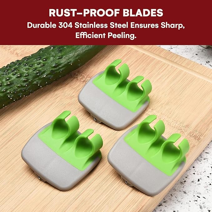 Kitchtic Fruit and Vegetable Peeler - Set of 3 Finger Palm Peelers for Kitchen - Silicone Veggie Peeler with Comfortable Rubber Finger Grip - Easy Peeling for Potatoes, Carrots, and More - Green