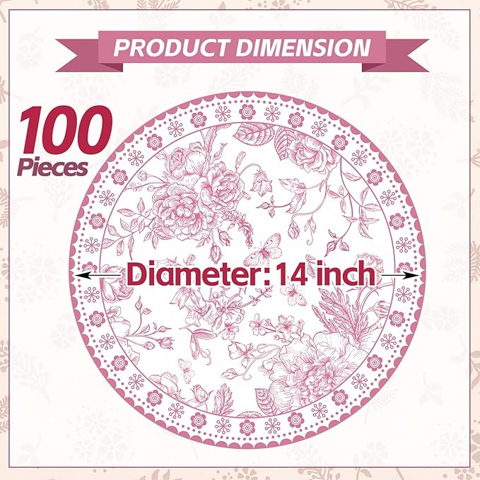 100 Pcs 14 Inch Pink Floral Paper Place Mats Chinoiserie Round Placemats Flower Disposable Decorative Table Mats for Dinner Table Setting Banquet Party Supplies