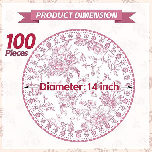 100 Pcs 14 Inch Pink Floral Paper Place Mats Chinoiserie Round Placemats Flower Disposable Decorative Table Mats for Dinner Table Setting Banquet Party Supplies