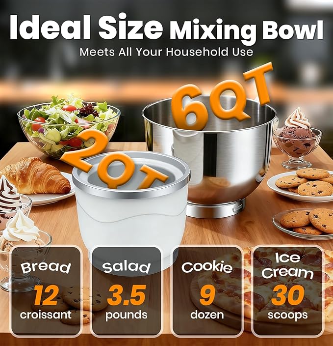 Bonnor Stand Mixer Set, 6QT Kitchen Mixer with LED Touchscreen, 11-Speed Tilt-Head Mixer with Timer, 4 Preset Menus, Stainless Steel Bowl, Hook, Whisk, Beater,Plus 2QT Ice Cream Maker Attachment,Black