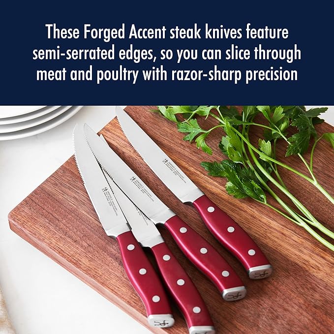 HENCKELS Forged Accent Razor-Sharp Steak Knife Set of 4, Red, German Engineered Knife Informed by over 100 Years of Mastery