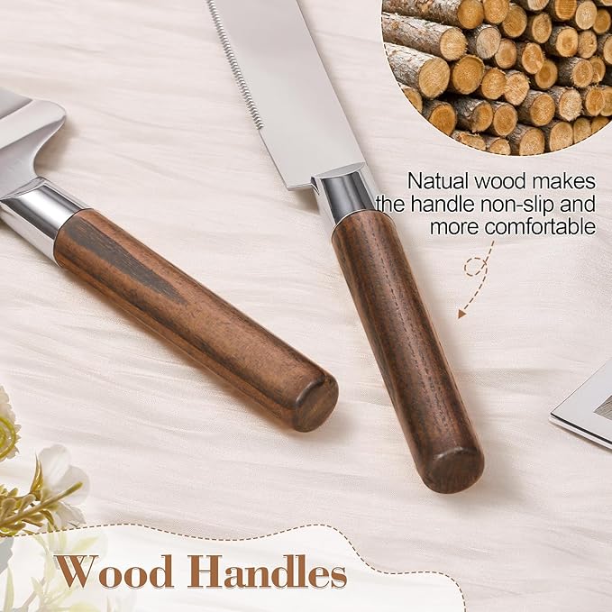 TUKDAK Cake Cutting Set for Wedding, Wood Cake Knife and Server Set, Vintage Pie Cake Cutter, Silver Pizza Dessert Utensils Bridal Anniversary Birthday Quinceañera Gift (Original Wood)