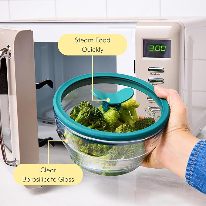 Anyday 8-Cup Glass Food Storage with Glass Lid, Round Deep Dish | Plastic-Free Meal Prep & Microwave Cookware | Stackable Airtight Storage Container with Vented Lid for Microwave-Safe Reheating