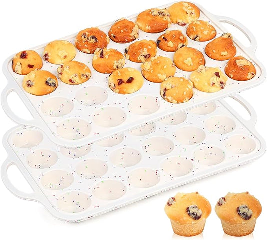 AOTASO 2 Pcs Mini Muffin Pans with Metal Reinforced Frame, 24 Cups Nonstick Silicone Cupcake Tray for Baking, Food Grade Small Muffin Molds with Handles (Cream)