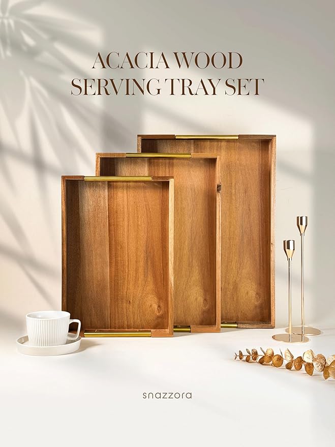 3 Pcs Acacia Wood Serving Trays with Golden Steel Handles 18", 16" & 14" with 6 Coasters - for Coffee Table, Ottoman in Living Room, Breakfast in Bed, Jewelry, Decorative, BBQ, Charcuterie