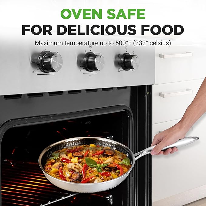 NutriChef 10” Non-Stick Stainless Steel Frying Pan with Lid, Triply Stainless Steel Cookware, Etched Non-Stick Coating, Oven & Induction Safe, Premium Stainless Steel Frying Pan, PFOA/PFOS Free