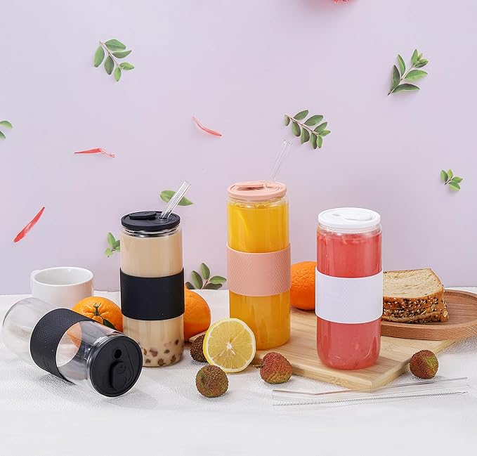 24oz Can Shaped Glass Cups with Silicone Lids and Glass Straw, 2PCS Drinking Glasses with Lids and Straws, and Silicone Sleeves, Beer Glasses, Iced Coffee Cups, Soda, Gift - Black