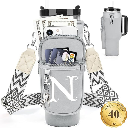 LOKASS Personalized Water Bottle Holder with Strap for Stanley Cup Accessories 40 oz Tumbler, Initial Water Bottle Carrier Bag/Phone Pocket, Mother's Day/Birthday Gifts for Women/Girls