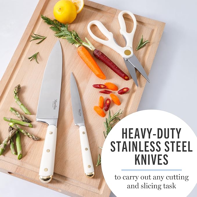 Martha Stewart 16 Piece Lockton High Carbon Stainless Steel Cutlery Kitchen Knife Block Set W/ABS Tripe Riveted Forged Handle Acacia Wood Block - Linen White W/Gold