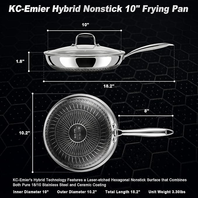 KC-Emier 10 Inch Non-Stick Frying Pan with Lid Tri-Ply Stainless Steel Pan with Stay-Cool Handle Oven & Dishwasher Safe For Induction, Ceramic & Gas Stovetops