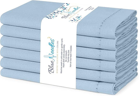 Blue Needles Set of 6 Hemstitch Linen Napkins 100% Cotton Ice Blue Cloth Dinner Napkins 18x18 inches, Soft, Reusable, Absorbent, Washable, Ideal for Wedding Events, Parties & Everyday Use