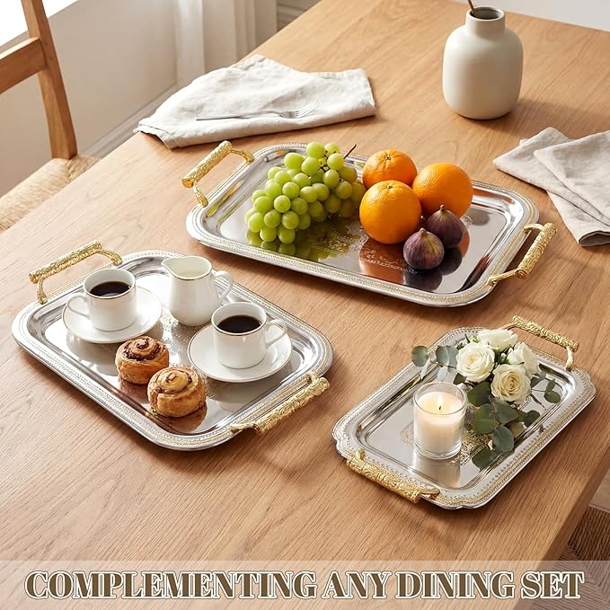 3 Pack Stainless Steel Serving Tray with Gold Handle Silver Metal Plate Platter Coffee Tea Serving Tray Floral Table Platter for Buffet Wedding Party Jewelry, 12" x 8", 13" x 9", 16" x 14"