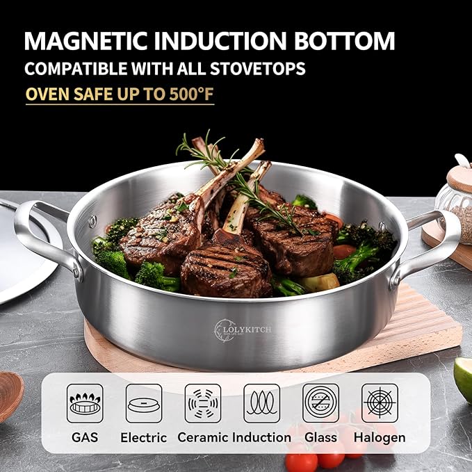 LOLYKITCH 7 Quarts Tri-Ply Stainless Steel Sauté Pan with Lid,12 Inch Deep Frying Pan,Large Skillet,Jumbo Cooker,Induction Pot,Dishwasher and Oven Safe.