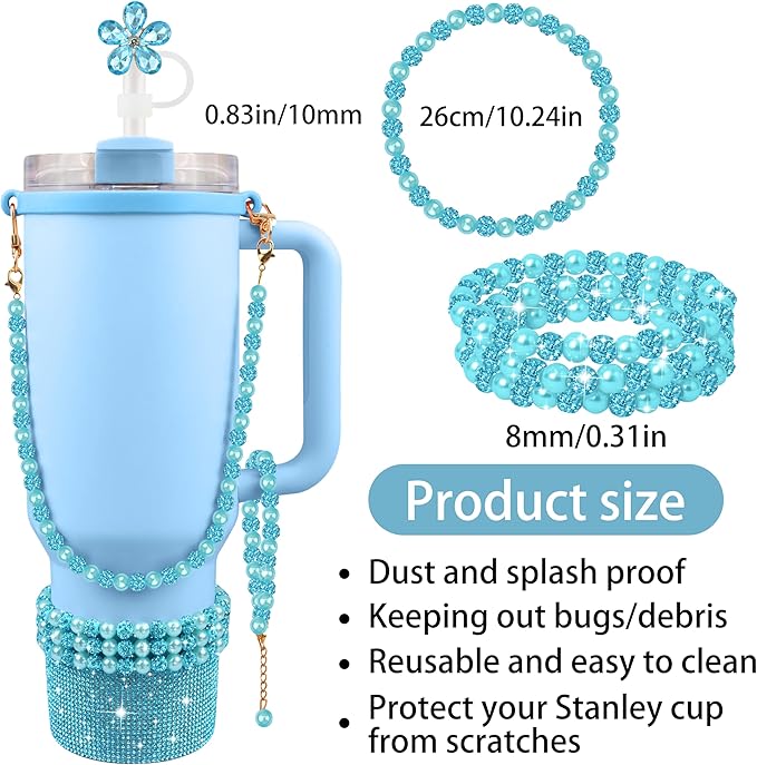 9PCS Blue of Stanley Cup Accessories Set 30/40 OZ Bling Pearl Rhinestones Charms for Stanley Decorations Tumbler Accessories Including Flower Straw Topper, Rhinestones Boot 30/40 OZ