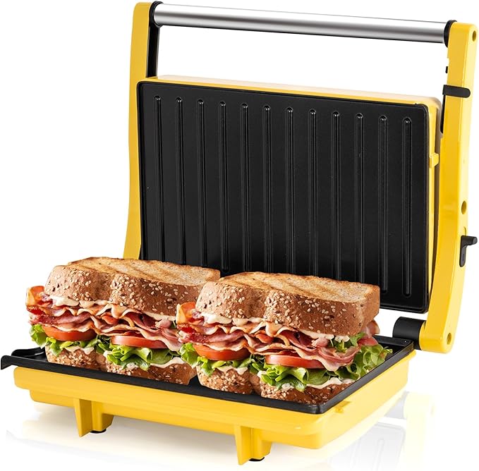 SUSTEAS Panini Press Sandwich Maker and Electric Indoor Grill, Easy Clean Nonstick Grids, Opens 180°/105° to Fit Any Type or Size of Food, 304 Stainless Steel, Homemade BBQ, Yellow