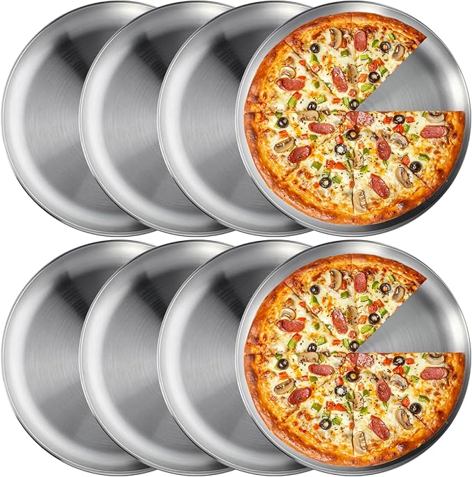 wutfuooo 8 Pieces 12 Inch Pizza Pans Bulk Stainless Steel Sets Round Bakeware Pizza Trays for Oven Kitchen Baking Home Restaurant Safe Sturdy Reusable Easy Clean