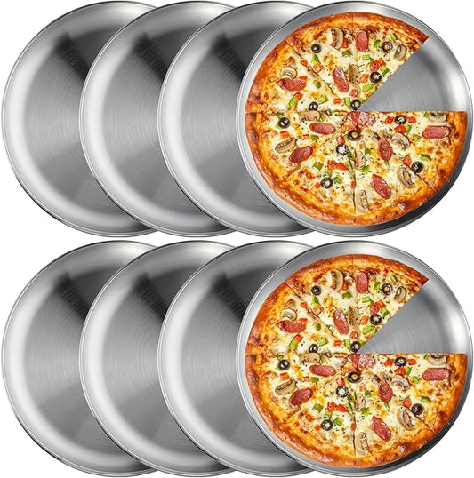 wutfuooo 8 Pieces 12 Inch Pizza Pans Bulk Stainless Steel Sets Round Bakeware Pizza Trays for Oven Kitchen Baking Home Restaurant Safe Sturdy Reusable Easy Clean
