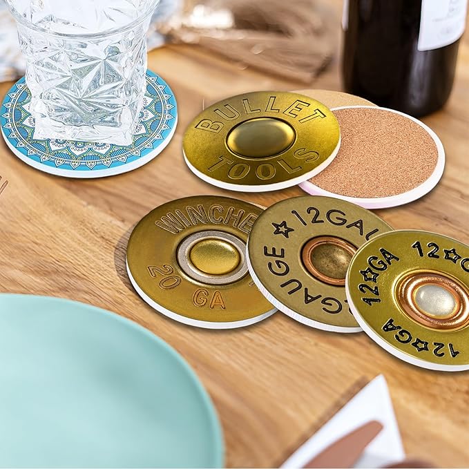Coasters for Drinks with Holder Set of 6, Shotgun Shell Ceramic Coaster Absorbent for Office Desk Table Coasters Kitchen Decor House Warming Gifts for New Home Couples, Round 4"