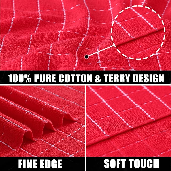 Mordimy 100% Cotton Terry Cloth Dish Cloths, Soft and Absorbent Checkered Dish Towels, Quick Drying Dish Rags for Washing Dishes, 12 Pack, 12 x 12 Inches, Red